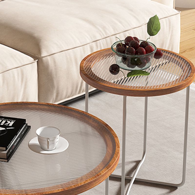 Round Glass Top Coffee Table Set Frame Cocktail Table with Wood Accent