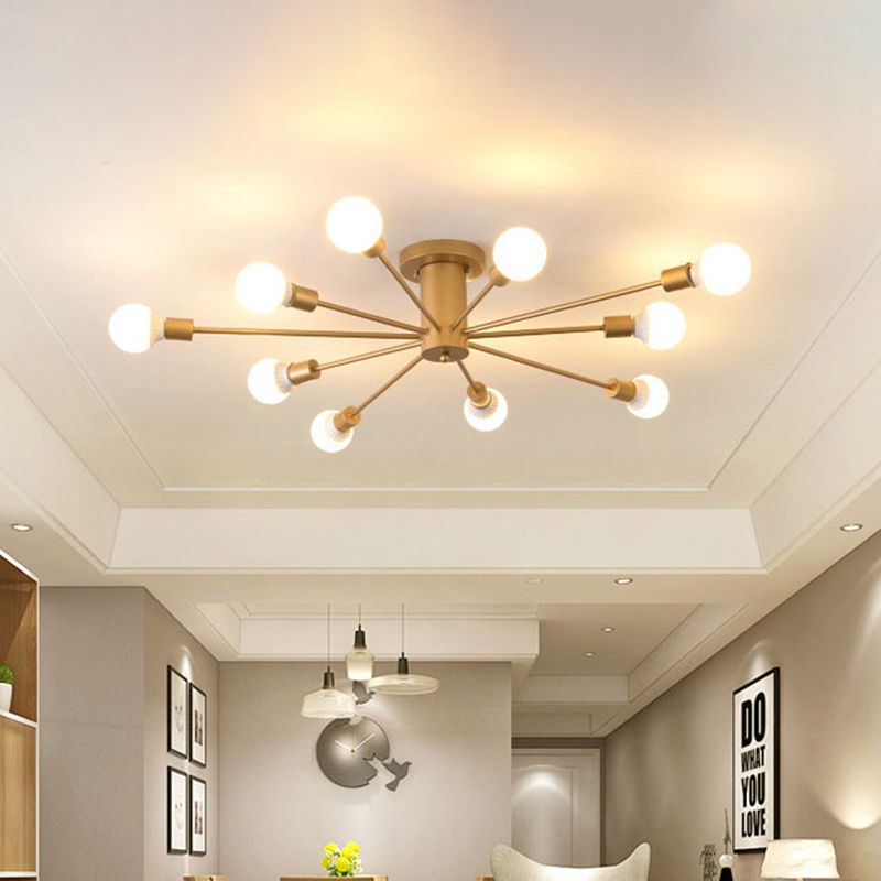 8/10 Lights Exposed Semi Flush Mount Lighting Industrial Gold Metal Ceiling Mounted Fixture for Living Room