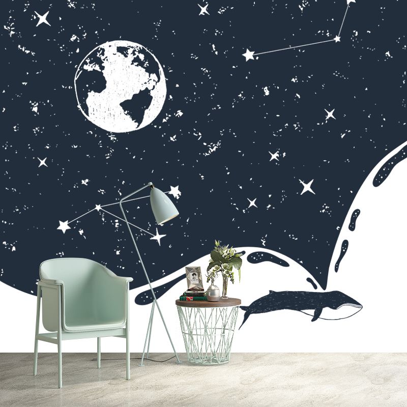 Custom Illustration Modern Mural with the Earth and Constellation Pattern in Black-White