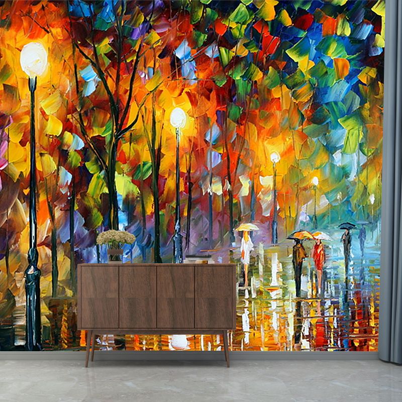 Illustration Street in Fall Murals for Living Room Decoration in Orange-Blue, Customized