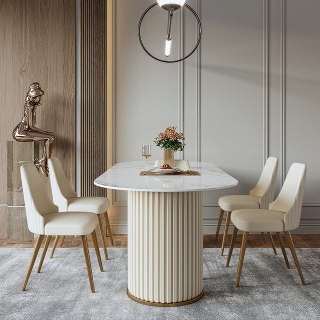 White Stone Dining Table Modern Oval or Free Form White Dining Table with Double Pedestal