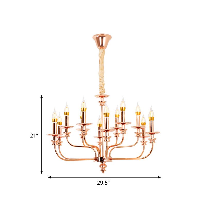 Candelera colgante de sala de estar de estilo vela metal tradicional 12 luces de oro rosa lámpara colgante