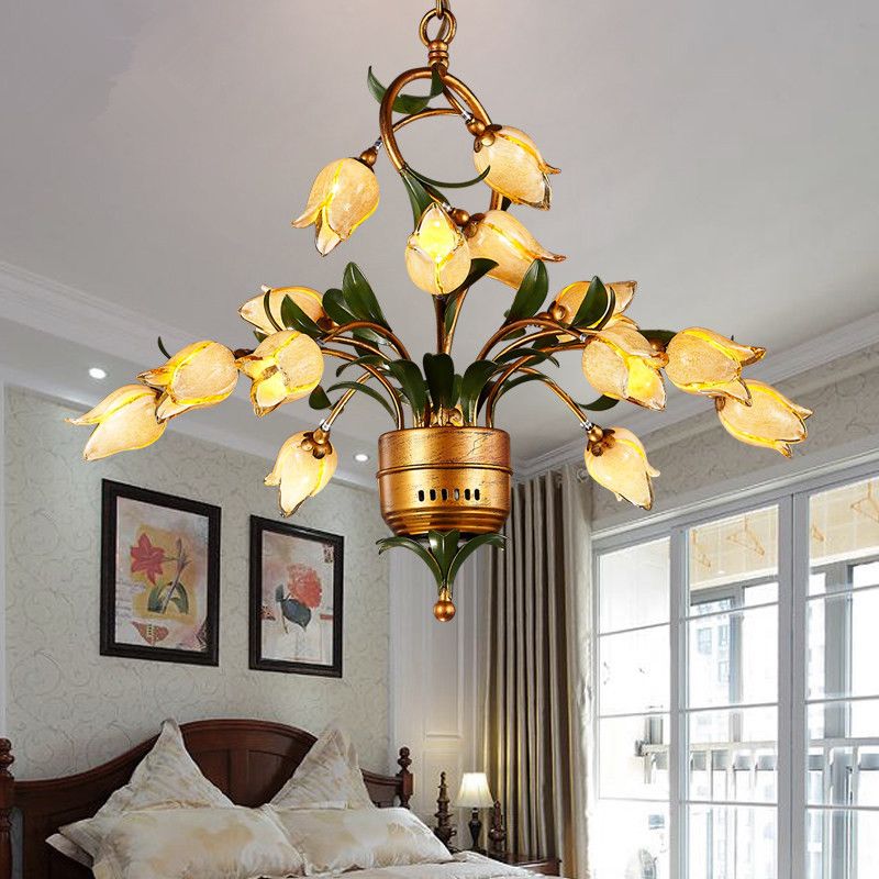 Brass Flower LED Hanging Chandelier Pastoral Frosted Glass 15 Lights Living Room Ceiling Pendant