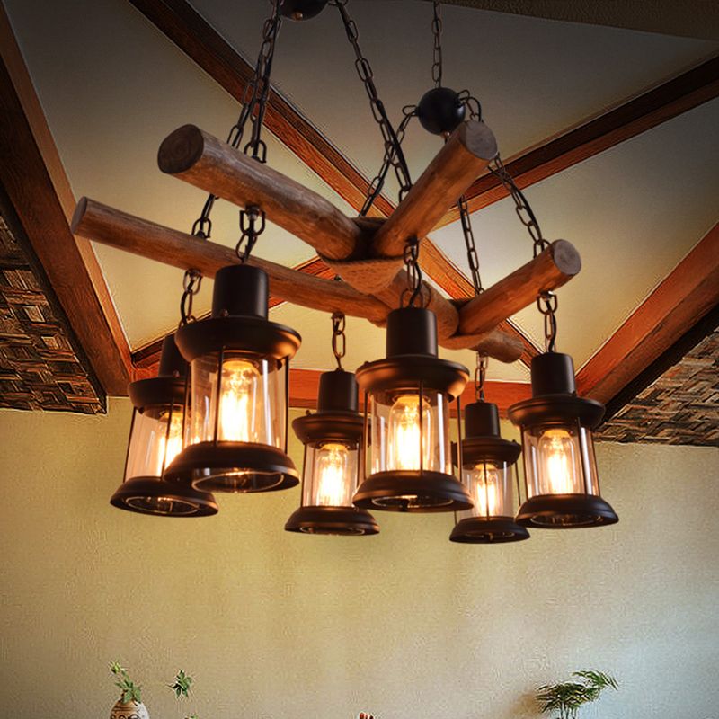 6 Heads Wood Pendant Lamp Industrial Wood Lantern Restaurant Chandelier Light Fixture