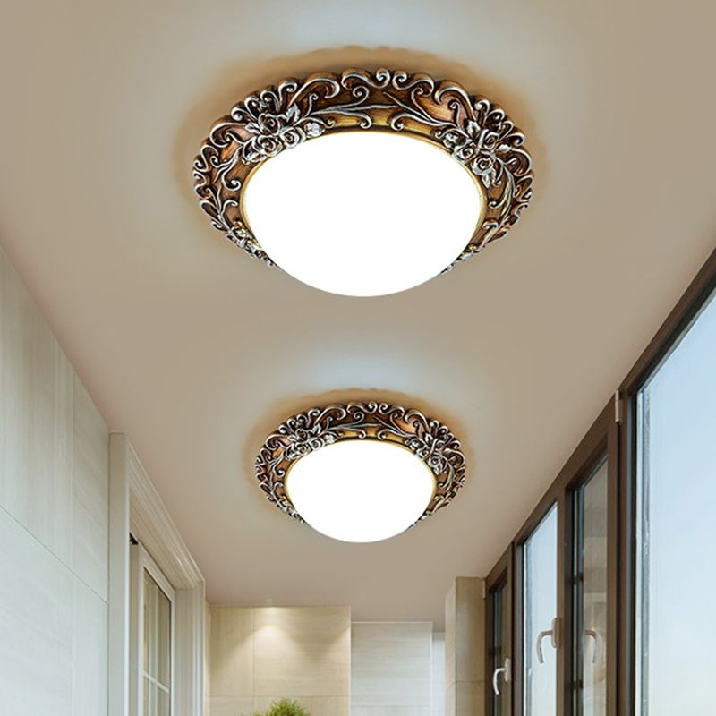 Milky Glass Semi-Orb Ceiling Fixture Traditional LED Corridor Flush Mount Lighting with Floral Edge in White and Gold/Brown