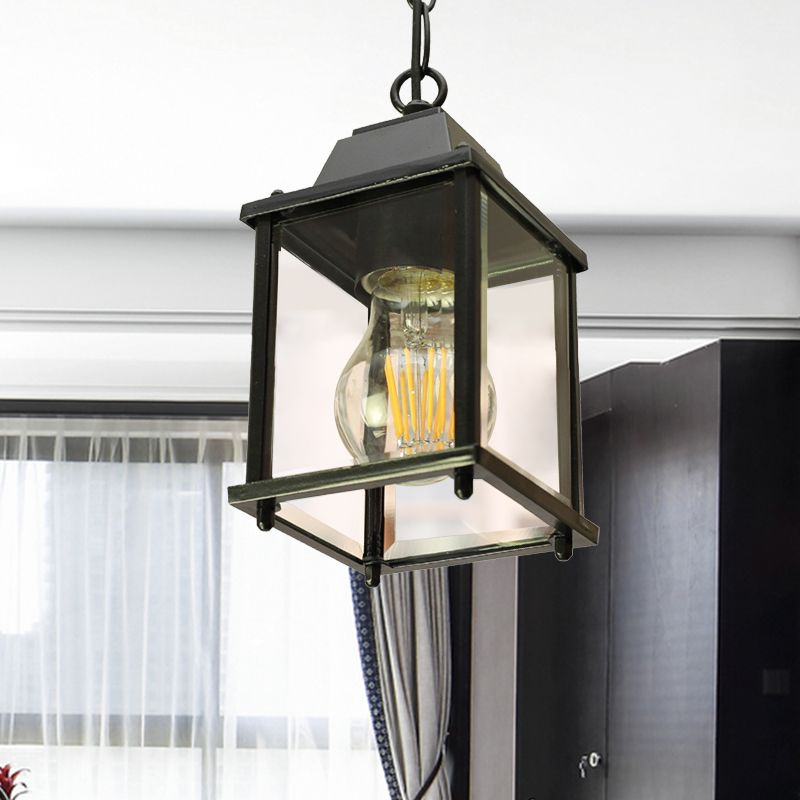 Open Bottom Balcony Pendant Light Lodges Clear Glass 1 Bulb Black Finish Hanging Ceiling Lamp