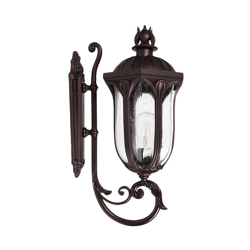 Swooping Arm Seedy Glass Sconce Lodge 1-Head Courtyard Wall Light Fixture in Dark Coffee