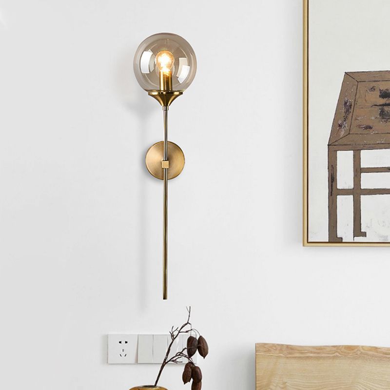 Simple Single Bulb Wall Mounted Lamp with Amber/Smoke Gray Glass Brass Sphere Sconce Light Fixture