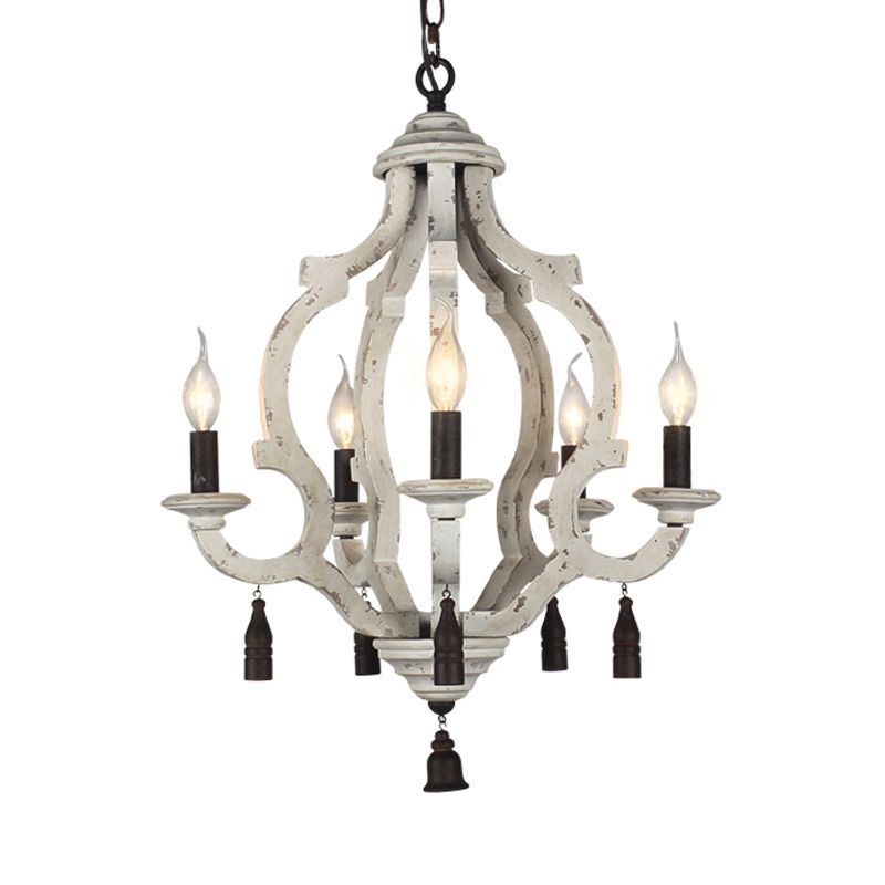 5 Lights Wood Ceiling Light Traditional Dark Wood/Wood/White Lantern Bedroom Chandelier Light