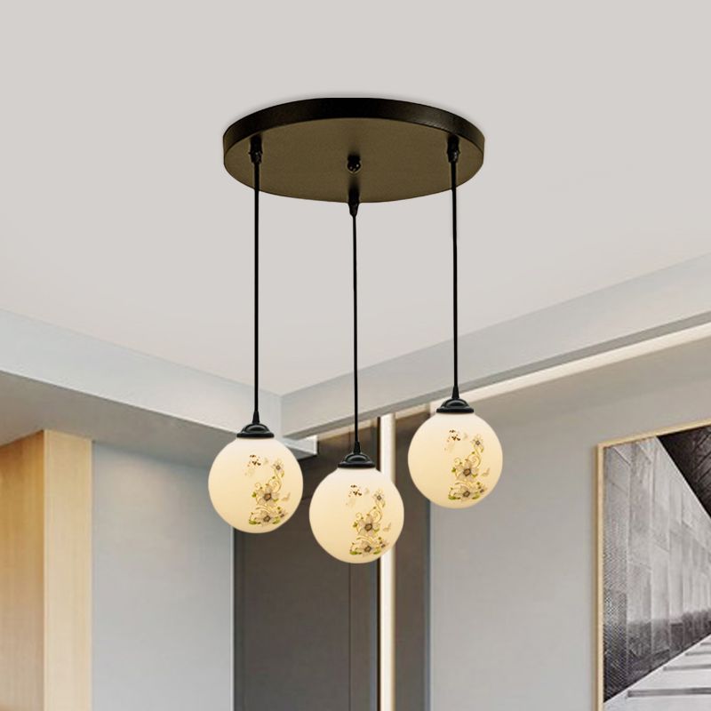 Black Sphere Multi Ceiling Lamp Modernism White Printing Glass 3-Light Dining Room Pendant with Round/Linear Canopy