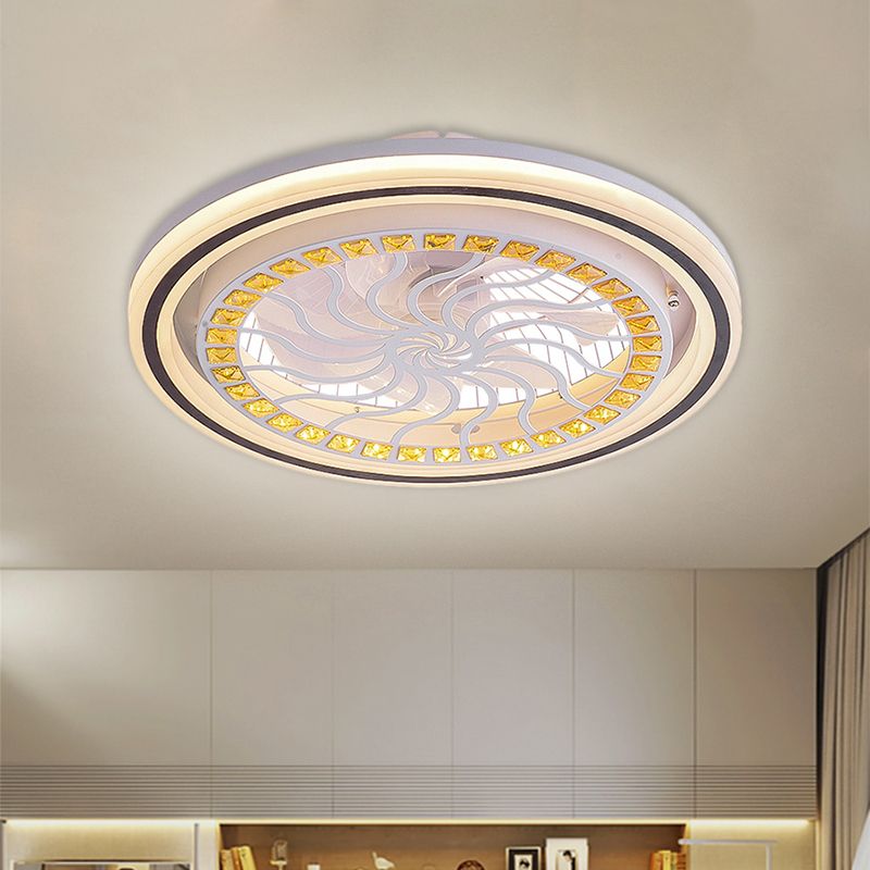 21.5' W LED Crystal Blocks Hanging Fan Lamp Contemporary White Round Dinning Room Semi Flush Light with 7 Blades