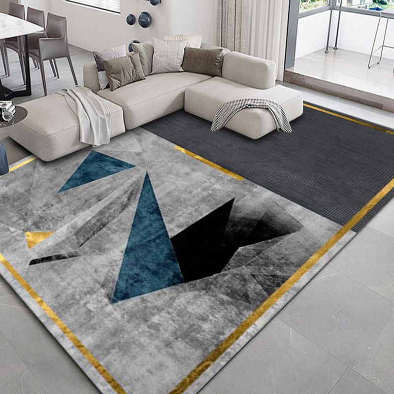 Grey Living Room Area Carpet Modern Geometric Print Area Rug Stain Resistant Area Rug
