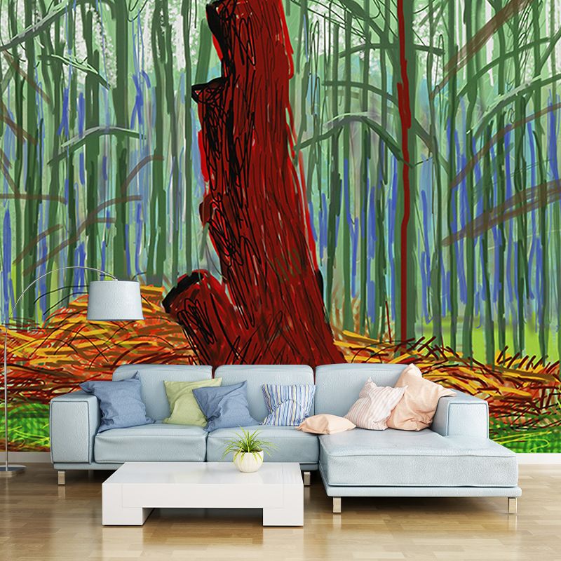 Illustration Wood Trunk Mural Decal for Home Gallery, Orange-Green, Customized Size
