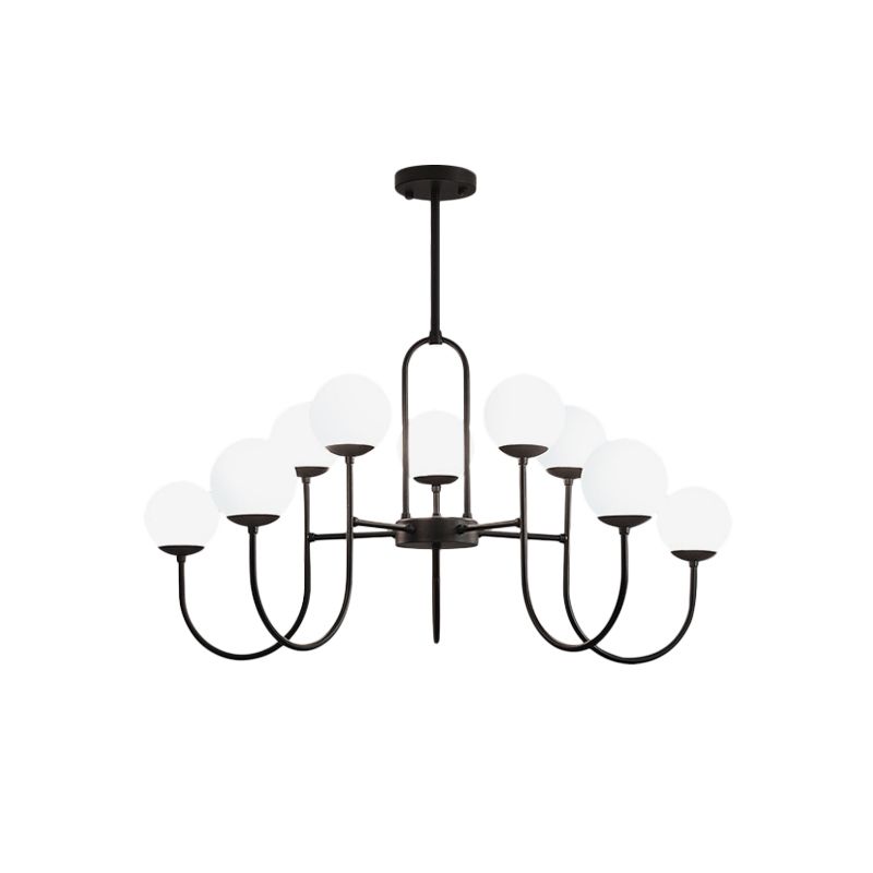 Arced Arm Iron Chandelier Light Fixture Modern 6/9-Head Black Finish Pendulum Lamp with Sphere Milk White Glass Shade
