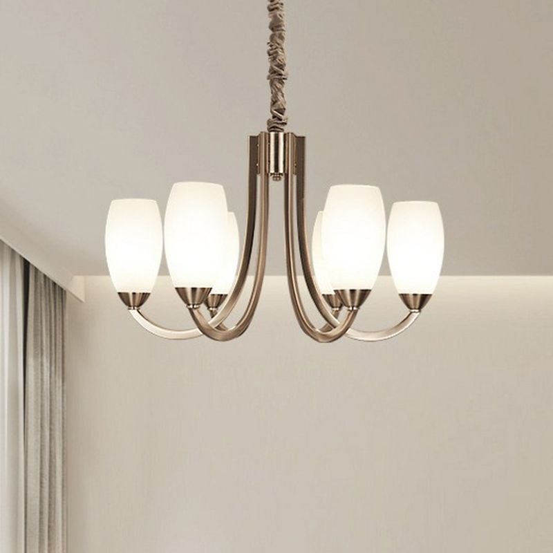 Nickel Finish Swoop Arm Chandelier Simplicity Metal Bedroom Pendant Light with Oval White Glass Shade