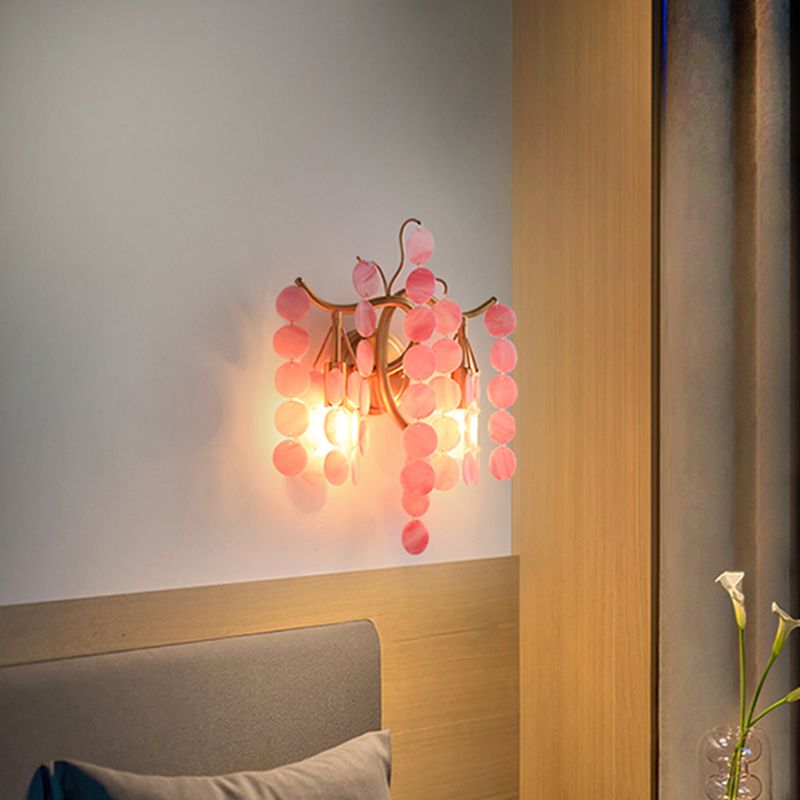 Modernism Branch Wall Light Fixture Metal 2-Head Bedroom Sconce Lighting in Brass with White/Pink/Blue Crystal Deco