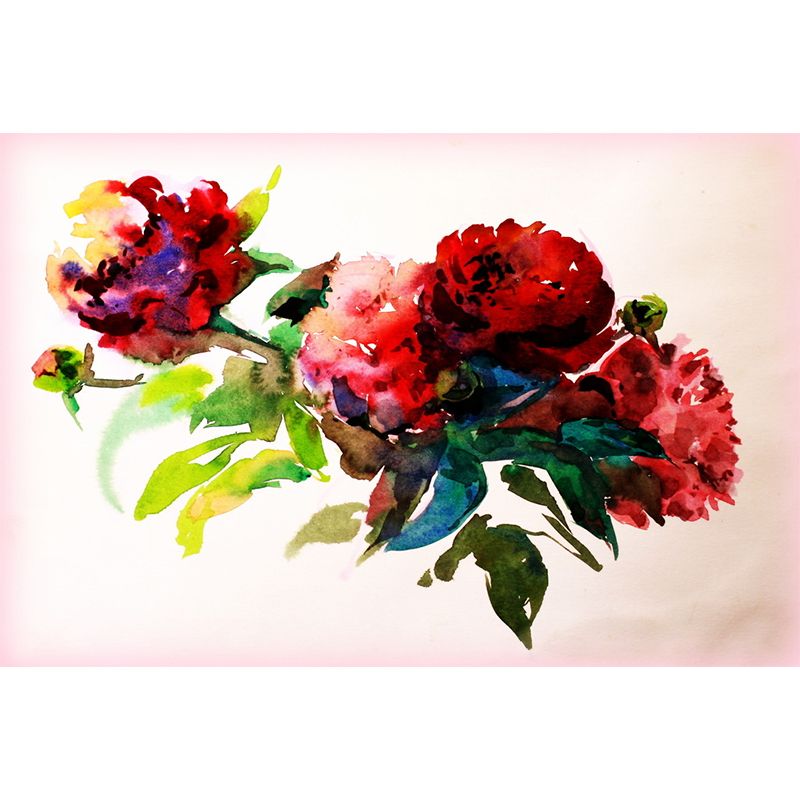 Stylish Peony Blossom Painting Mural Wallpaper Red and Green Stain Resistant Wall Covering for Home