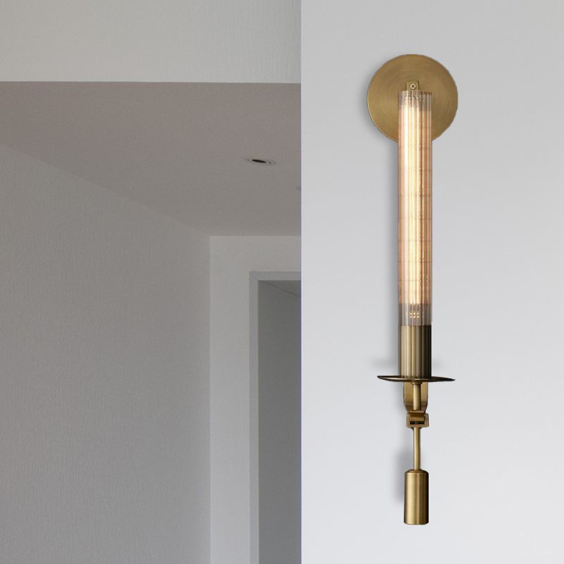 Traditional Cylindrical Wall Lamp Single Head Prismatic Glass LED Wall Mount Light Fixture in Brass for Bathroom