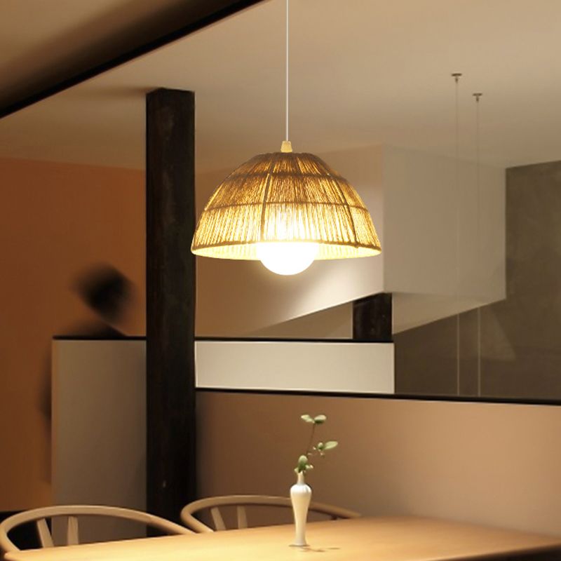 Single Light Dome Suspended Light Asian Style Rattan Decorative Lighting Fixture in Wood