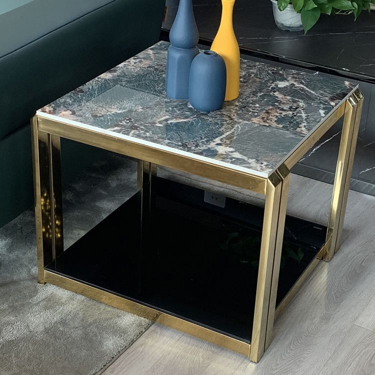 Stone Top End Table with Shelves Glam Frame Sofa Side Table for Living Room