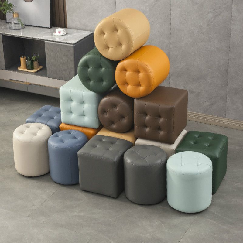 Dark Green Contemporary Pouf Pure Color Round Leather Indoor Pouf