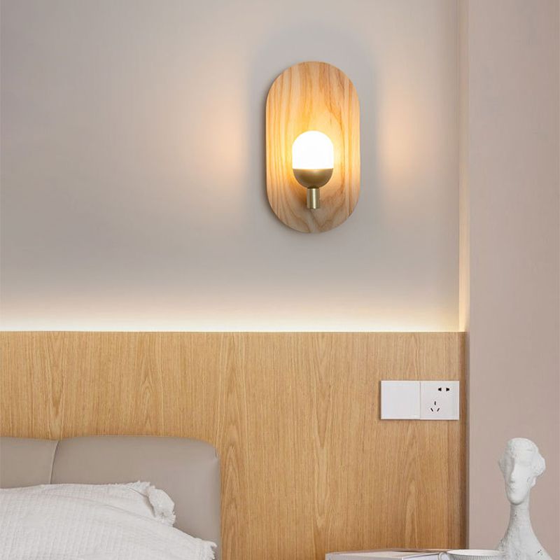 Single Modernism Beige Wall Mounted Sconce Oval Wooden Wall Light