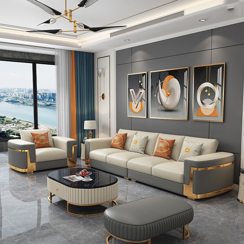Glam Style Square Tufted Sofa Leather Sofa in Off-White for Living Room