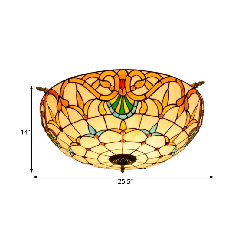 Baroque Dome Semi Flush Mount Lighting 5 Bulbs Handcrafted Stained Glass Close to Ceiling Lamp in White/Blue, 21.5"/25.5" W