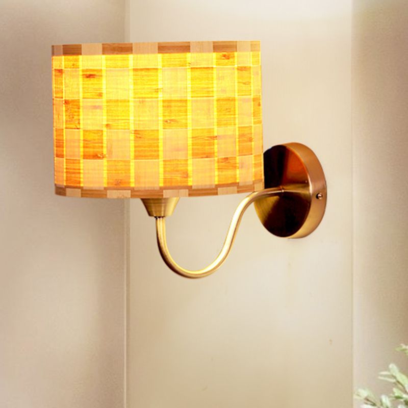 Wood Drum Wall Lighting Chinese 1 Head Beige Sconce Light Fixture with Metal Curved Arm