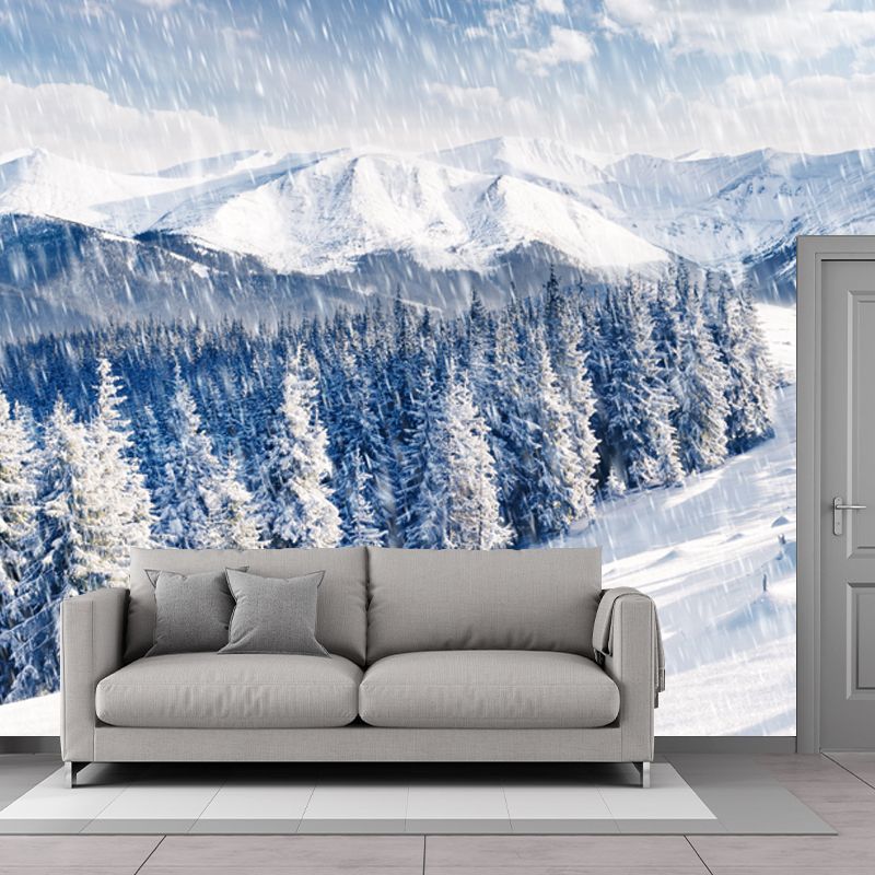 Photography Snowing Mountain Mural Wallpaper for Living Room, White, Personalized Size