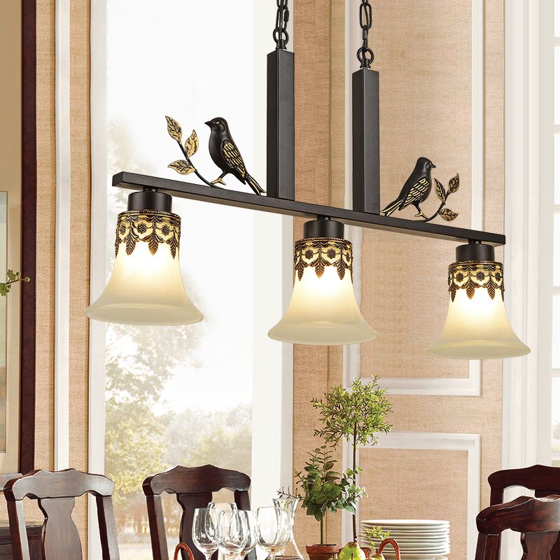 Opal Frosted Glass Flared Island Light Fixture Rustic 3-Light Dining Room Pendant with Bird Decoration in Black