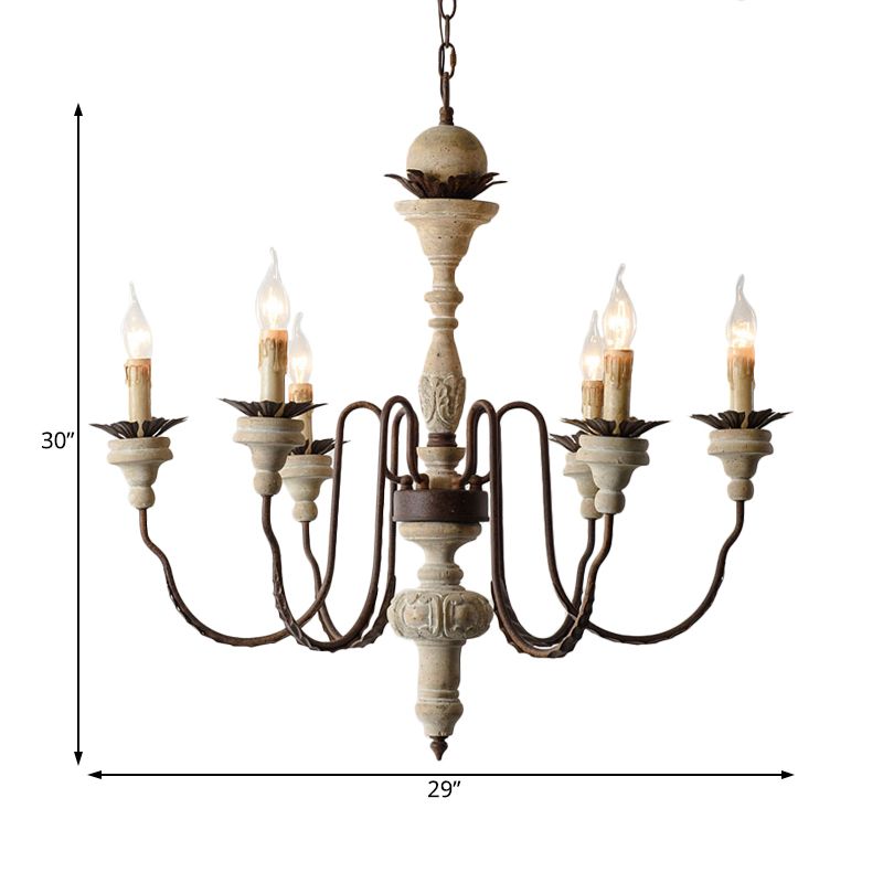 6 Bulbs Starburst Ceiling Chandelier Traditional Wood Suspended Lighting Fixture in Grey
