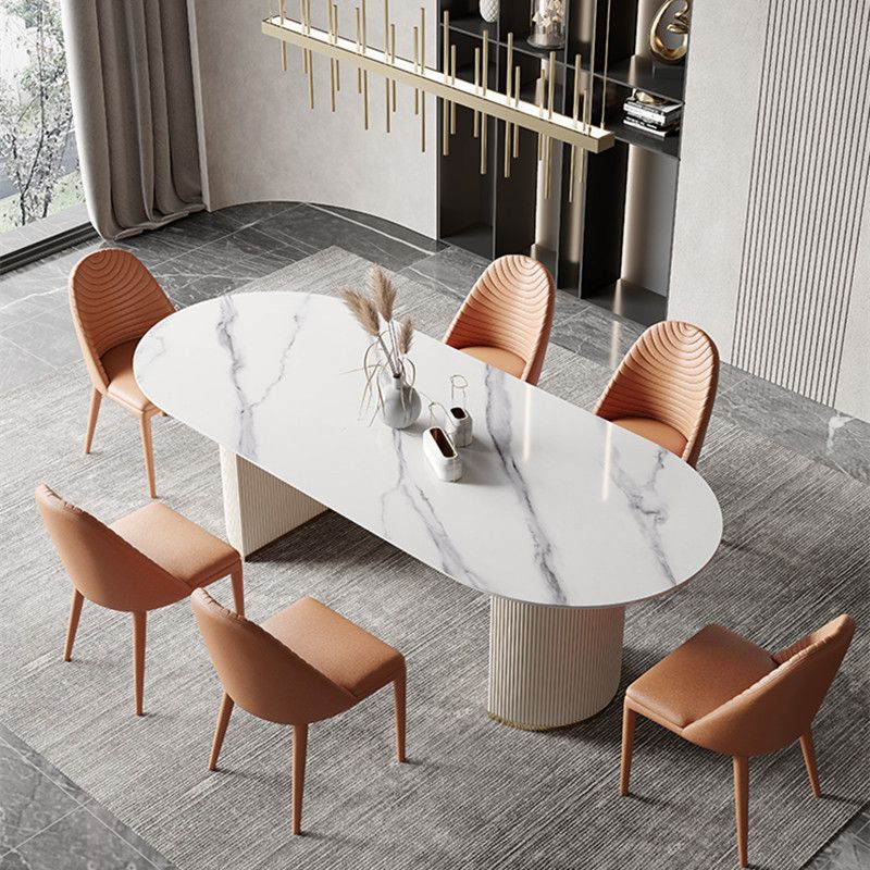 Oval Shape Fixed Kitchen Table Luxury Sintered Stone Double Pedestal Table