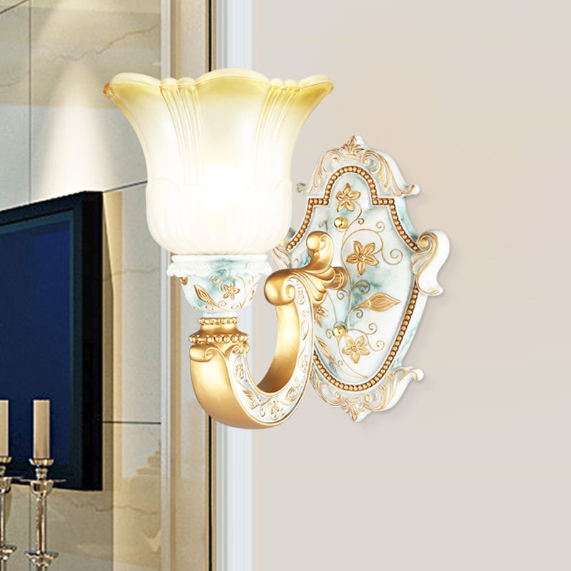 Traditional Flower Wall Mount Lamp 1/2-Head Fading Amber and White Glass Sconce in Gold