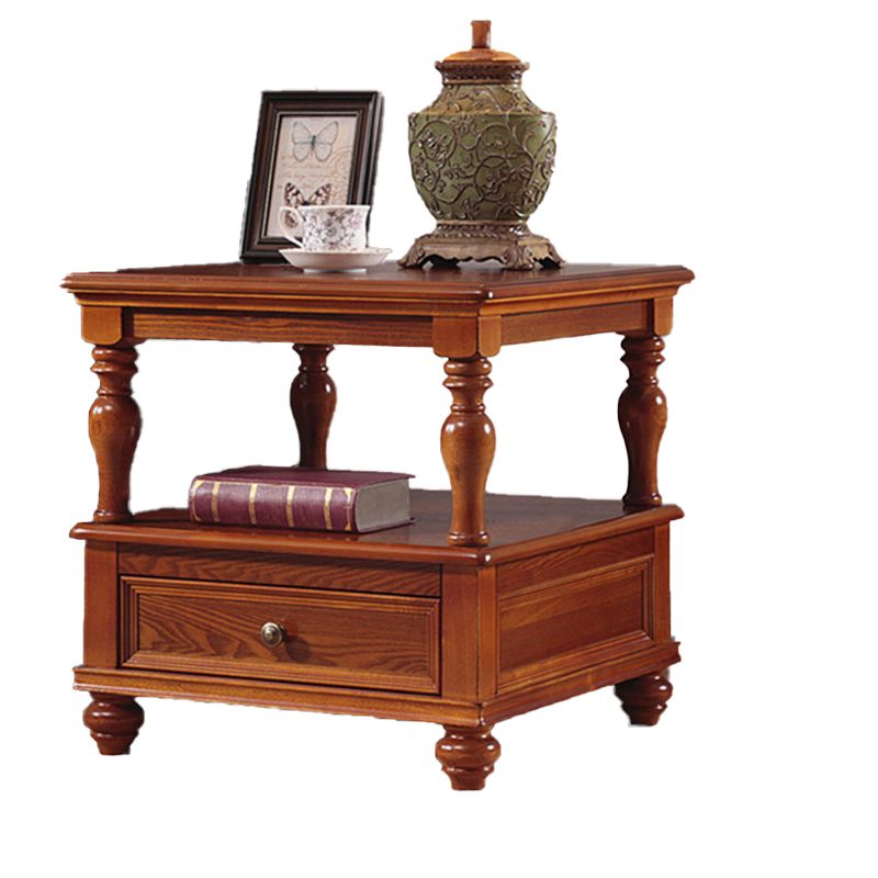 23.6" Tall Square Wood Top Side Table Brown 4 Legs End Table with Storage