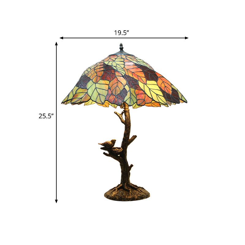 1 Light Nightstand Lamp Mediterranean Leaf Stained Glass Table Light in Brass for Indoor