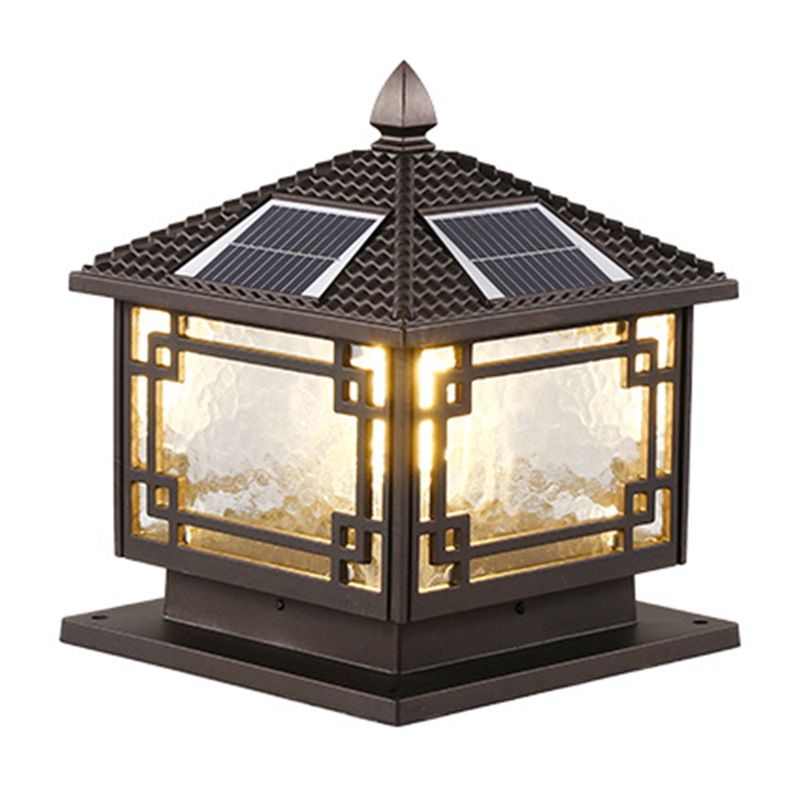 Contemporary Metal Pillar Lamp Square Shape Outdoor Waterproof Light with Glass Shade