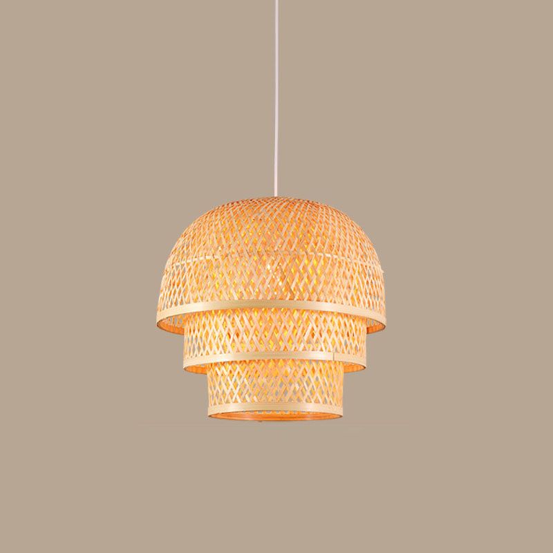 Single Restaurant Down Lighting Pendant Asian Wood Hanging Lamp with Tiered Bamboo Shade