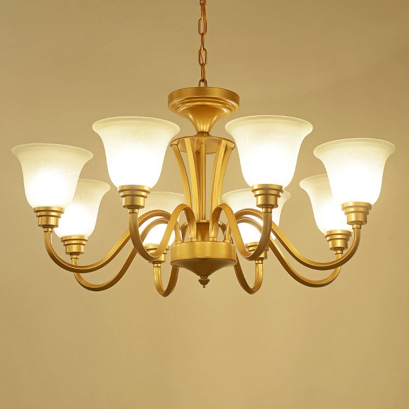 Golden Hanging Chandelier Traditional Frosted Glass Flared Ceiling Light for Living Room