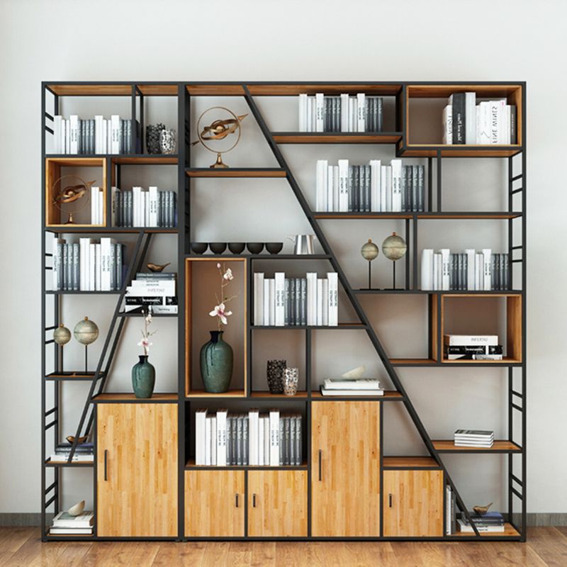 Metal and Wooden Shelf Bookcase with Doors Modern Bookshelf for Office