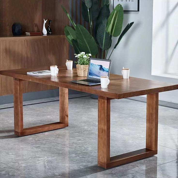 Solid Wood Top Dining Table Contemporary Rectangle Table with Sled Base