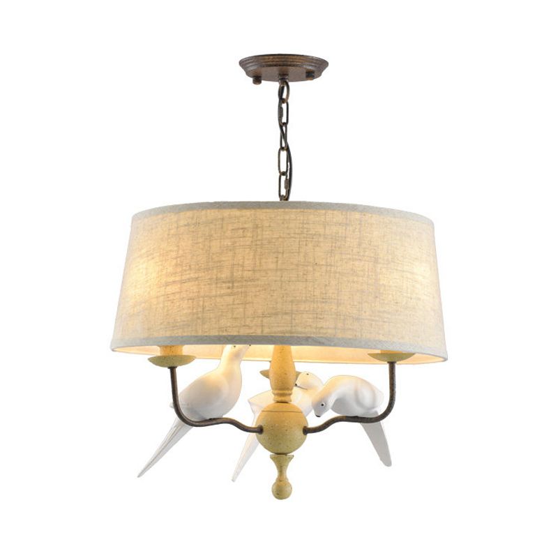 3 lumières lustre de tambour Light Vintage White tissu suspendu plafond avec oiseau