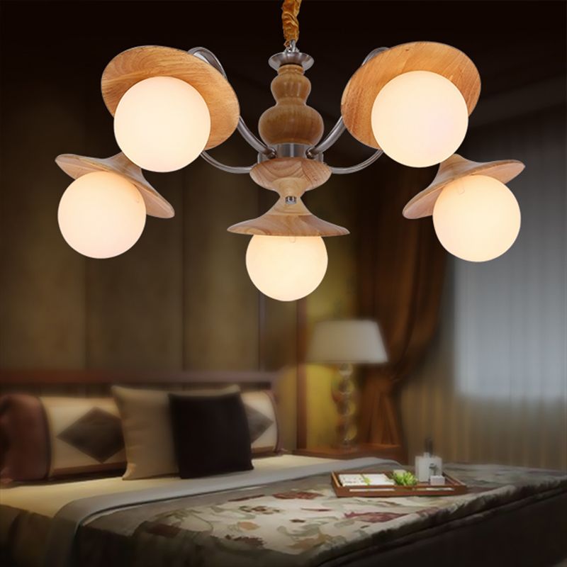 Modern Ball White Glass Chandelier 5 Lights Ceiling Pendant Fixture with Wooden Cap