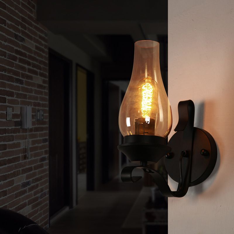 Industrial Vintage Wall Lamp Wrought Iron Indoor Wall Light with Clear Glass Shade