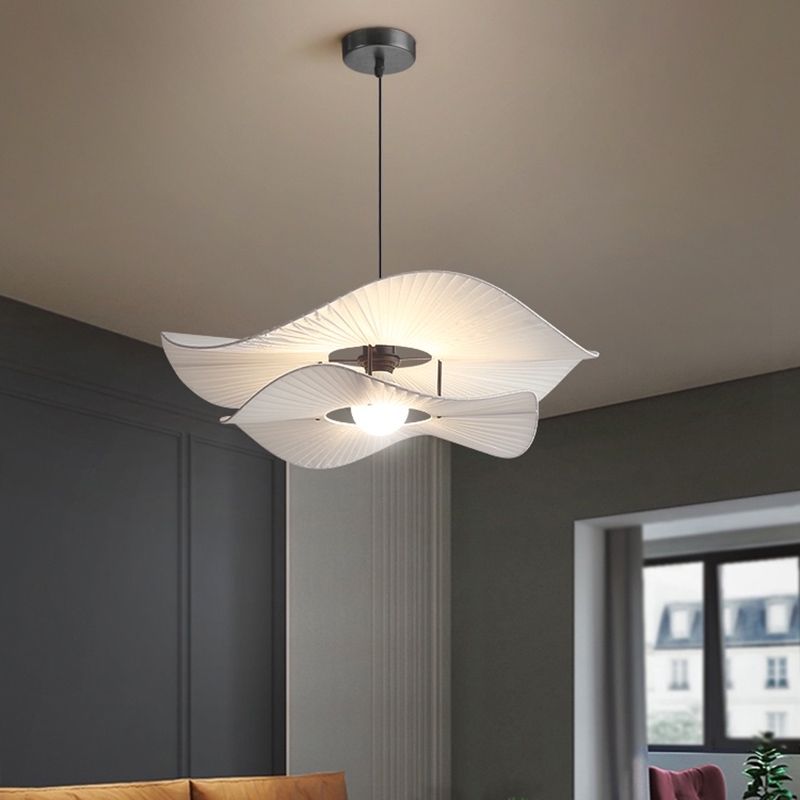 White Ruffled Suspension Lamp Minimalism 1 Bulb Fabric Pendant Light Fixture for Bedroom