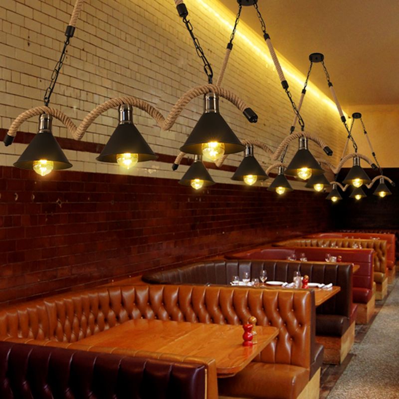 Vintage Shaded Pendant Lighting Iron Hanging Island Light with Hemp Rope in Black