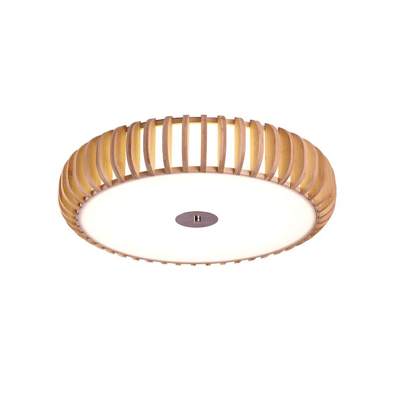 Round Flush Mount Japanese Wood 3 Heads Close to Massimale Lamp in Beige for Living Room
