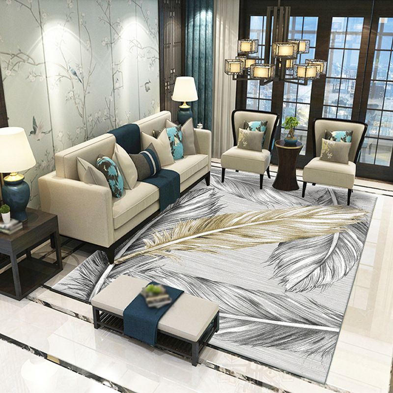 Natural Feather Pattern Carpet Polyester Indoor Rug Non-Slip Backing Area Rug for Living Room