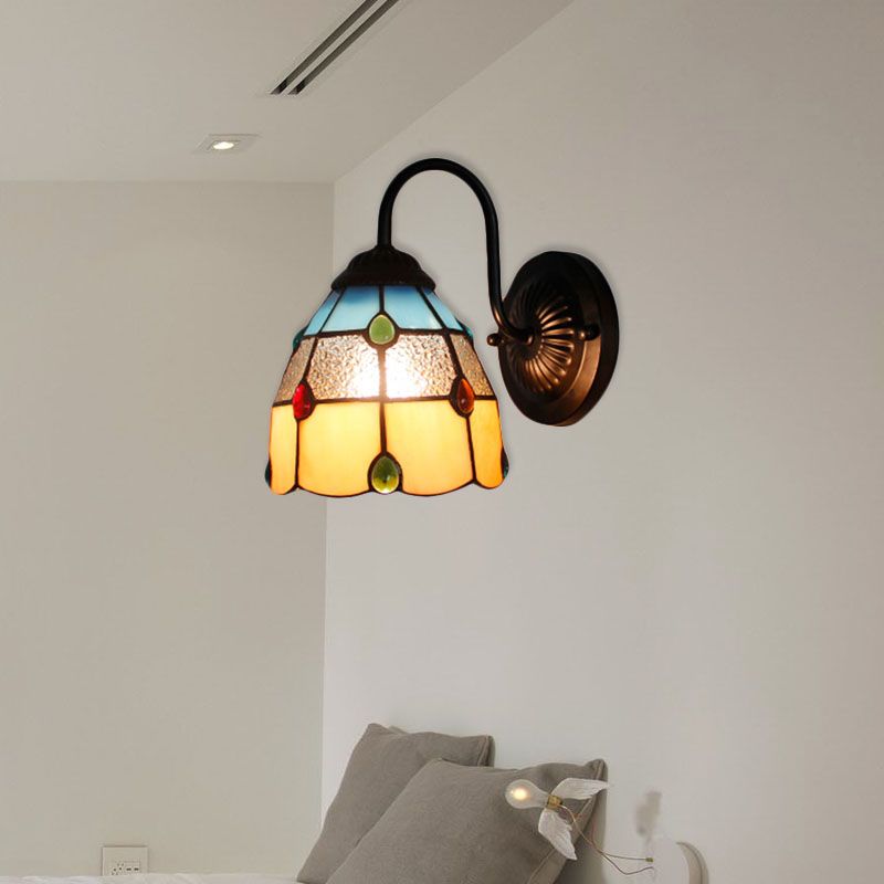 Tiffany Dome Wall Light Fixture 1 Head Yellow-Blue Glass Sconce Light with Agate Decoration