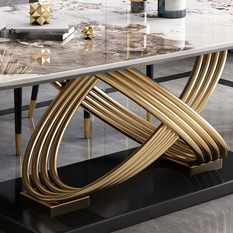 Stone Top Dining Table Modern Rectangle Dining Table with Gold Pedestal Base